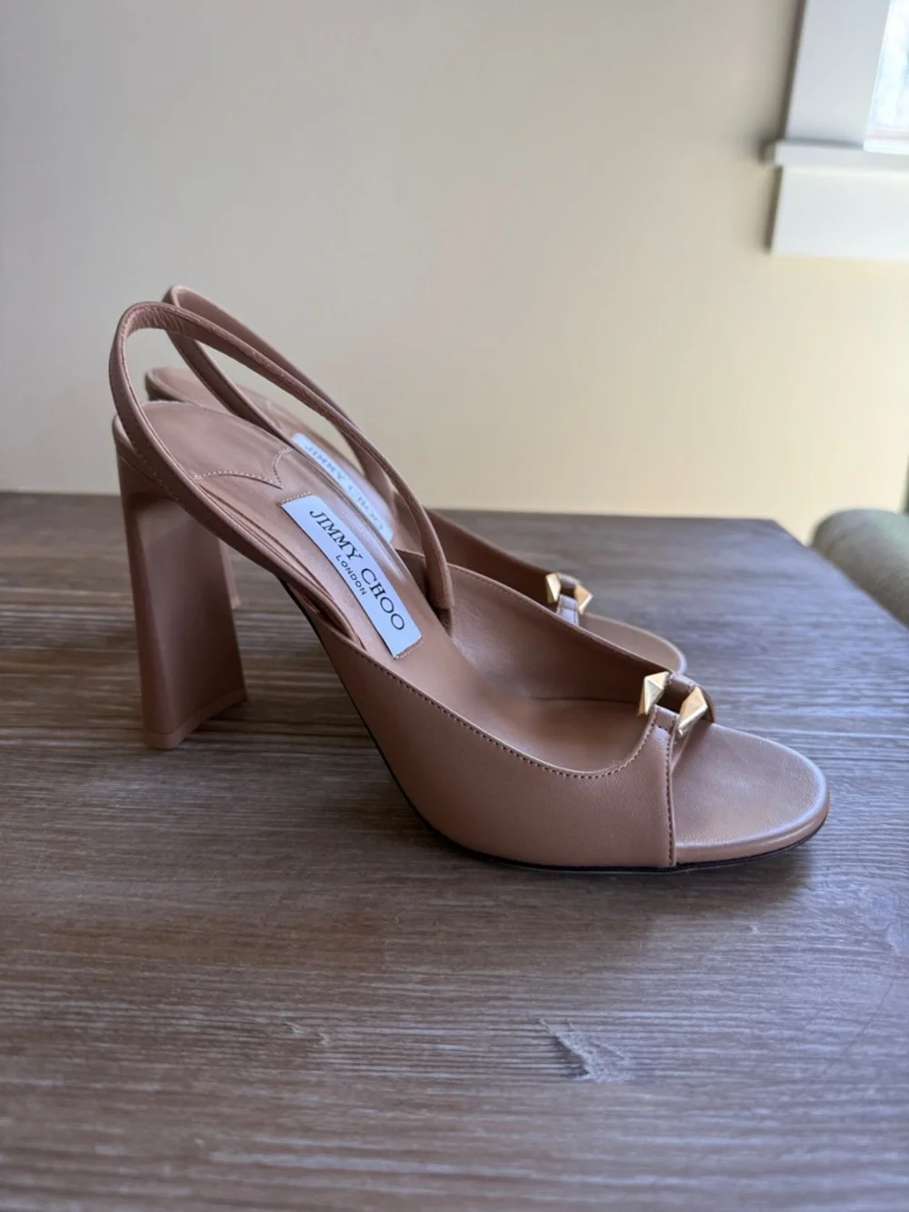 Jimmy Choo Beige Leather Slingback Heels with Gold Accent - Picture 2 of 4
